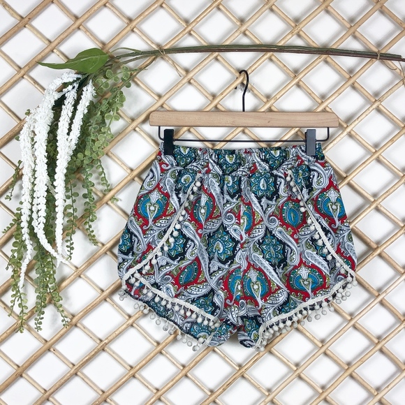 Shosha Pants - Boho Paisley Printed Pom Pom Multi Color Shorts